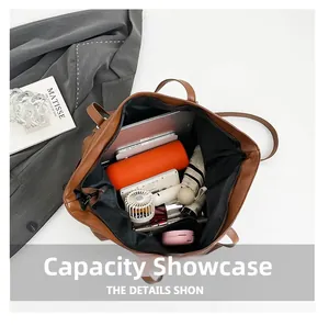 Spacious interior of the brown tote bag showing organized storage for gadgets and essentials