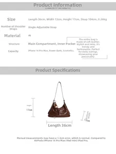 Vue détaillée du sac croissant en cuir PU marron avec dimensions et détails de structure