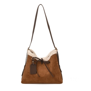 Retro dunkelbraune Wildledertasche mit weißem Lammfellbesatz und Schleifendetail