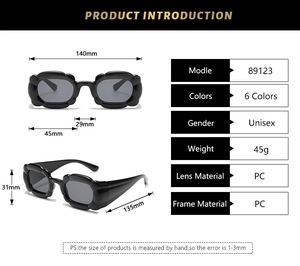 Detailed measurement guide for Y2K petal-shaped sunglasses with PC frame and lens specs