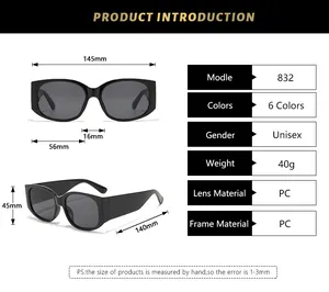 Detailed size chart for retro unisex sunglasses showing frame width and lens dimensions