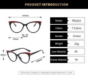 Detailed size guide and technical specifications for TR5223 cat-eye glasses frames