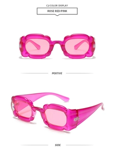 Close-up of Y2K petal-shaped rose red sunglasses from front and side perspectives