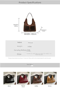 Größentabelle für Vintage-Tote-Bag aus Wildleder-PU mit Nieten und Maßen