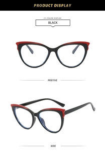Cat-eye glasses frame with black and red color block design in front and side view