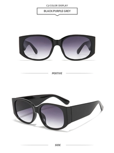 Front and side view of retro black square sunglasses with purple gradient lenses