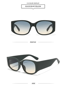 Front and side view of square sunglasses with matte black frames and blue-yellow gradient lenses