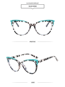 Detail view of cat eye glasses frames in blue demi tortoiseshell pattern and teal design