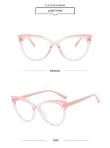 Detail view of light pink cat-eye fashion glasses showing positive and side perspectives