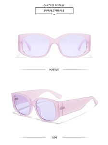 Detailed views of translucent purple oversized sunglasses frames and matching lenses