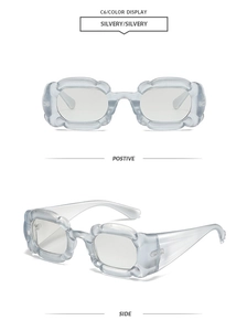 Detail view of Y2K petal-shaped sunglasses in matte silver with front and side angles