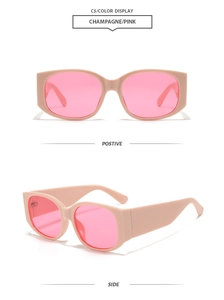 Detail view of champagne frames and pink lenses sunglasses from front and side angles