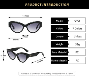 Detailed size specifications for vintage cat eye sunglasses with golden letter logo