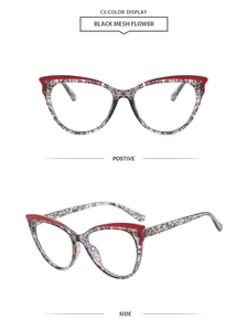 Detail view of cat eye frame with red top rim and black mesh flower pattern