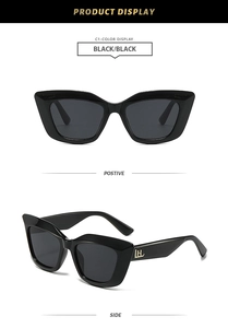 Détail des lunettes de soleil œil-de-chat avec monture noire et logo LHL en métal doré