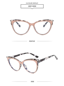 Detailed views of grey demi cat-eye frames with rose gold metal accents and temples