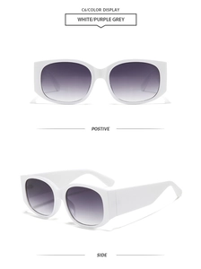 Front and side view of chunky white retro sunglasses with purple gradient lenses