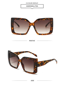 Detail of square tortoiseshell sunglasses with gradient tea lenses in front and side views