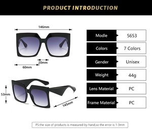 Detailed technical drawing of square sunglasses with dimensions and purple gradient lenses