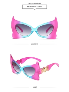 Macro detail of bat-wing gradient frame with golden metallic hinge for party sunglasses
