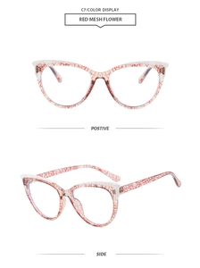 Detail of cat-eye glasses frame in red mesh flower pattern with side and front views