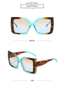 Retro square sunglasses in tortoiseshell and tea blue gradient lenses with side views