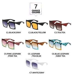 Grid display of seven colorful oversized square sunglasses with wavy temple designs