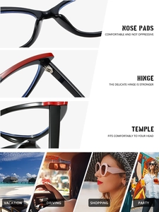 Detail of cat-eye frames featuring reinforced metal hinges and integrated nose pads