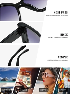Detail view of square sunglasses with purple gradient lenses and lifestyle usage scenes