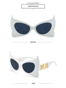 Detail view showing bat-wing white frame sunglasses with golden metal side hinges