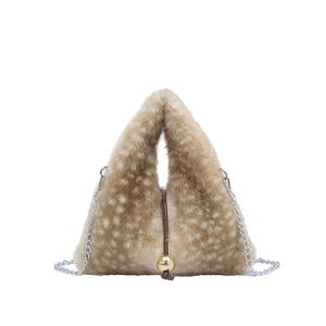 Chic spotted faux fur triangular bucket bag with gold charms and silver chain strap