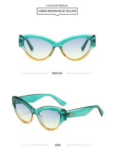 Detail of cat eye sunglasses with green frames and metal logo on the temple