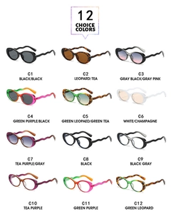 Detail view of 12 color variants for retro oval sunglasses with wavy temple design