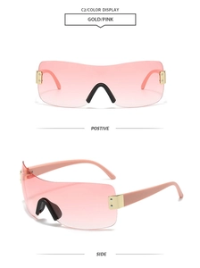 Detailansichten der rosa Verlaufs-Schildsonnenbrille mit goldenen Scharnieren und Profilen
