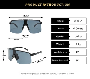 Detailed size specifications for outdoor cycling sunglasses with colorful shield lenses