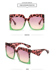 Detail view of pink leopard square sunglasses with C4 pink tea gradient lenses