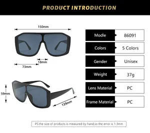 Detailed size chart for unisex outdoor cycling shield sunglasses showing full dimensions