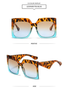 Detail of square leopard print sunglasses with tea blue gradient lenses and wide temples
