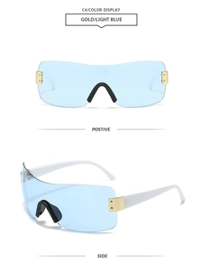 Front- und Seitenansicht der einteiligen Sonnenbrille mit hellblauen Gläsern