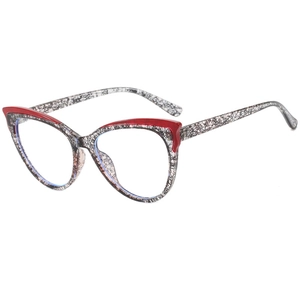 Fashion cat eye glasses frame with black white lace pattern and red color block accents