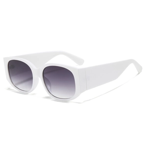 Retro white thick frame sunglasses with purple gradient lenses shown at a 45-degree angle