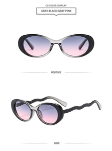 Detail showing wavy sunglasses temples and blue-pink gradient oval lenses from two angles
