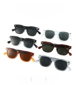 Flat lay of stylish square sunglasses in six diverse colors including classic black and tortoise
