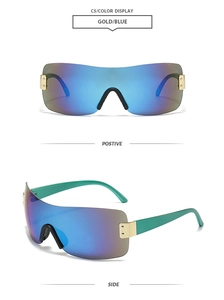 Detailansicht der großen rahmenlosen Schild Sonnenbrille mit lila blauem Farbverlauf Gläser