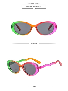 Detail of oval sunglasses featuring wave-shaped temples and vibrant gradient resin frames