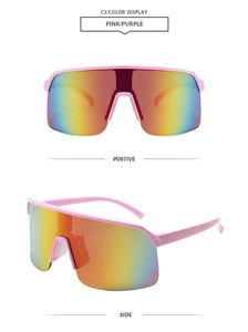 Front and side views of pink sports sunglasses with rainbow reflective lenses, C3 model