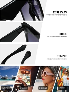 Detail view of reinforced hinges, smooth nose pads and ergonomic legs on black sunglasses