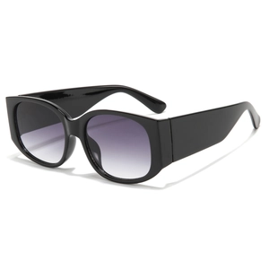 Modern retro rectangle sunglasses with black frame and purple gradient lenses on white
