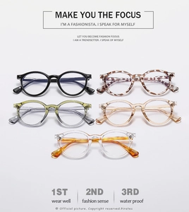 Detail view of retro round blue light glasses in various colors like tortoiseshell and clear