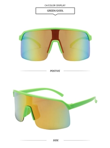 Front and side macro views of green frame cycling sunglasses with gold gradient lenses